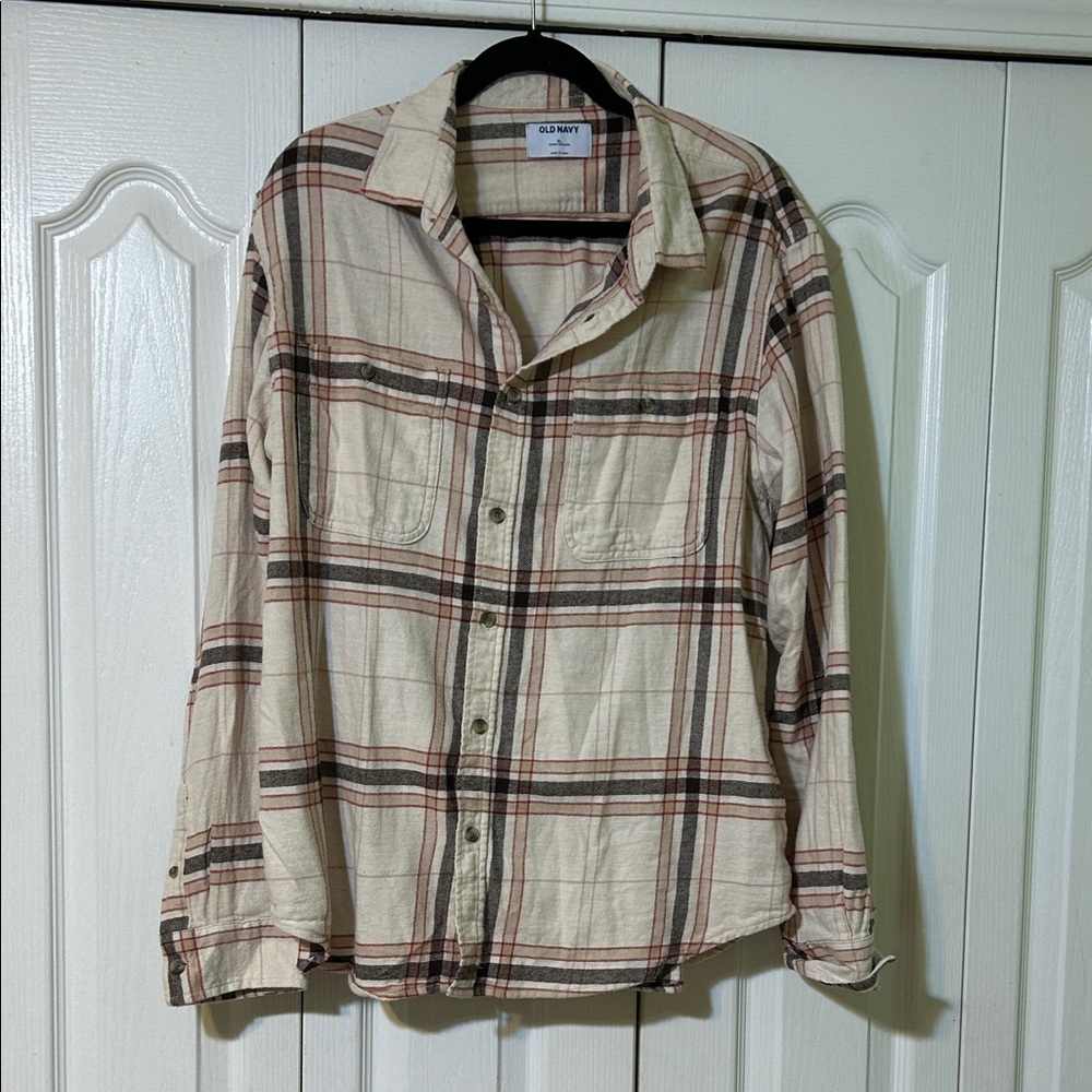 Old Navy Cream and Brown Plaid Flannel Shirt